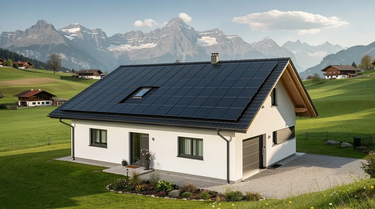 L'image montre des panneaux solaires installés sur le toit d'une maison individuelle, entourée d'un paysage de campagne suisse avec des montagnes majestueuses en arrière-plan. Cette installation photovoltaïque illustre l'utilisation de l'énergie solaire pour répondre aux besoins énergétiques des propriétaires, tout en offrant une solution de stockage d'énergie grâce à des batteries solaires.