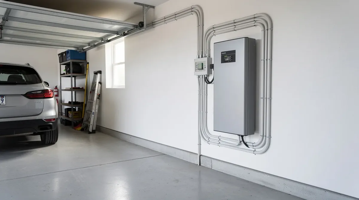 Une photo montre un système de batterie domestique lithium installé dans un garage propre, fixé au mur avec des câbles visibles. Ce dispositif de stockage d'énergie solaire illustre une solution moderne pour optimiser l'autonomie et la consommation électrique d'une maison.