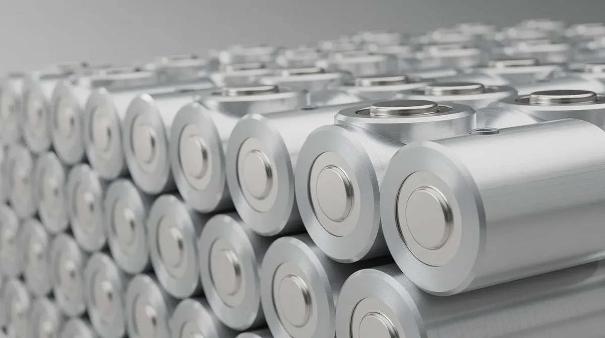 Gros plan sur des cellules de batteries lithium-ion cylindriques empilées, montrant leur structure et leur capacité de stockage. Cette image illustre l'importance des batteries dans les systèmes d'énergie solaire et leur rôle dans l'autonomie énergétique des maisons.
