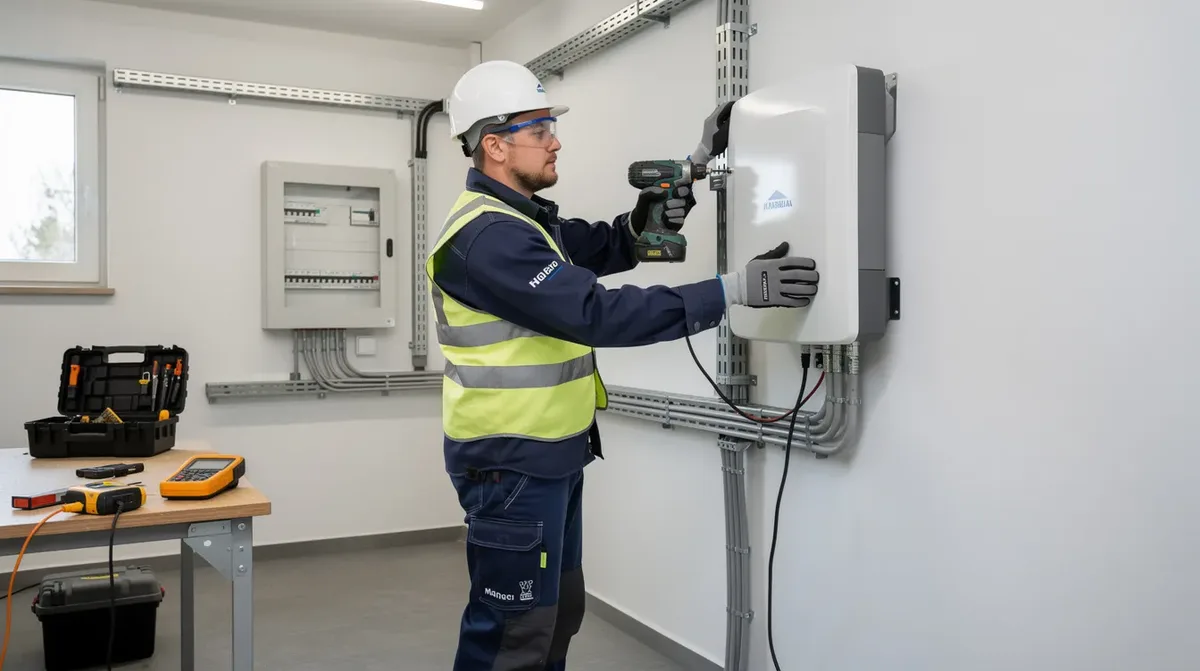 Un technicien en tenue de travail installe un module de batterie solaire au mur dans un local technique résidentiel, mettant en avant les étapes d'une installation de système de stockage d'énergie. Cette opération vise à optimiser la capacité de stockage pour répondre aux besoins énergétiques du foyer.