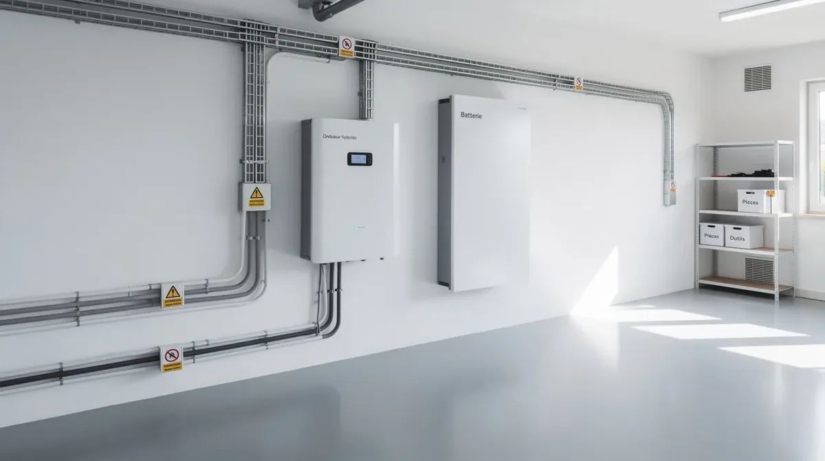 L'image montre un local technique résidentiel bien organisé, où l'on peut voir une batterie murale de stockage et un onduleur hybride, tous deux essentiels pour optimiser l'autoconsommation d'énergie solaire. Cet espace propre et aéré met en avant l'importance de la durée de vie d'une batterie solaire dans une installation domestique.