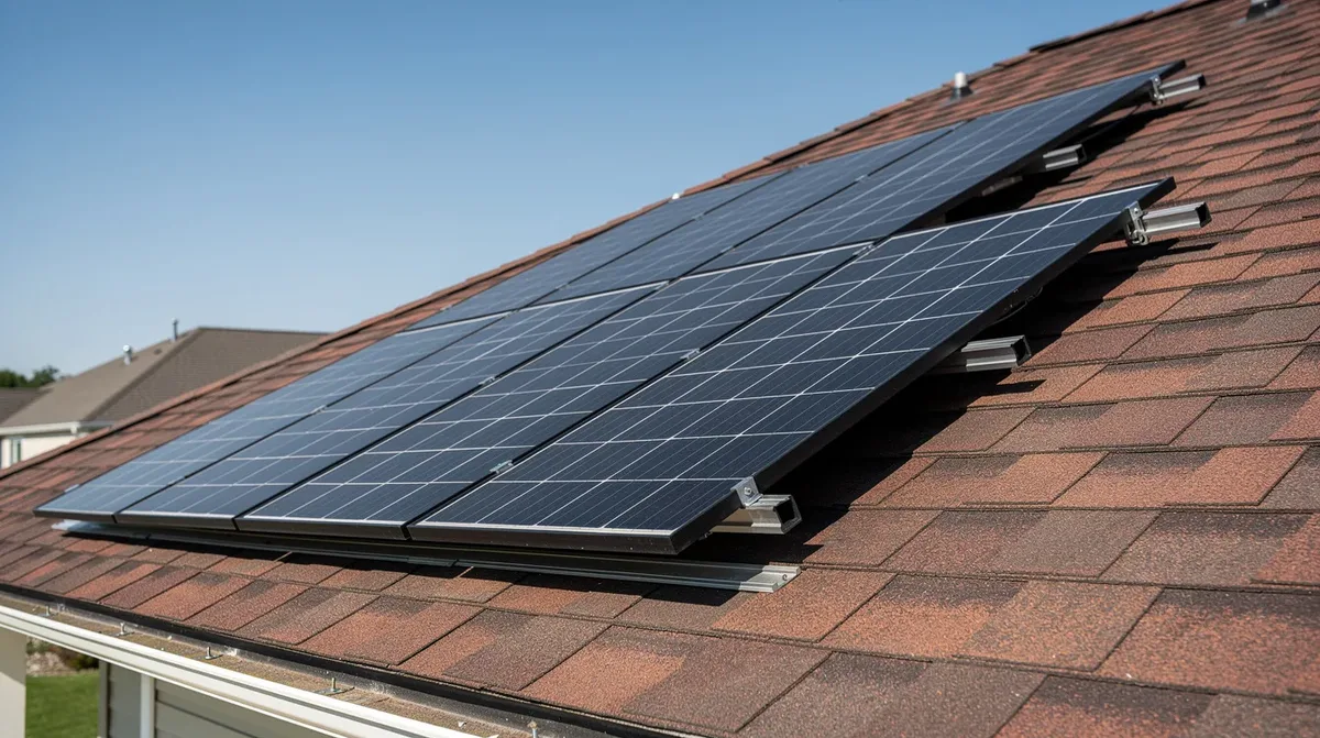 Un panneau solaire résidentiel est installé sur un toit en pente, sous un ciel dégagé, capturant l'énergie solaire pour une utilisation domestique. Cette installation contribue à l'autoconsommation et à l'optimisation de la durée de vie d'une batterie solaire, permettant ainsi un stockage efficace de l'électricité.