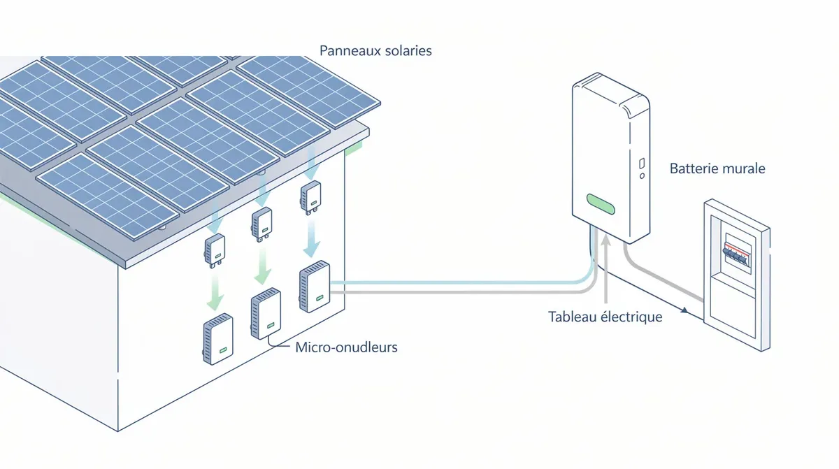 Schéma illustrant des panneaux solaires installés sur un toit, reliés à des micro-onduleurs intégrés, à une batterie murale Enphase IQ 5P et au tableau électrique d'une maison. Ce système de stockage d'énergie utilise la technologie lithium fer phosphate pour optimiser la production et la consommation d'électricité.