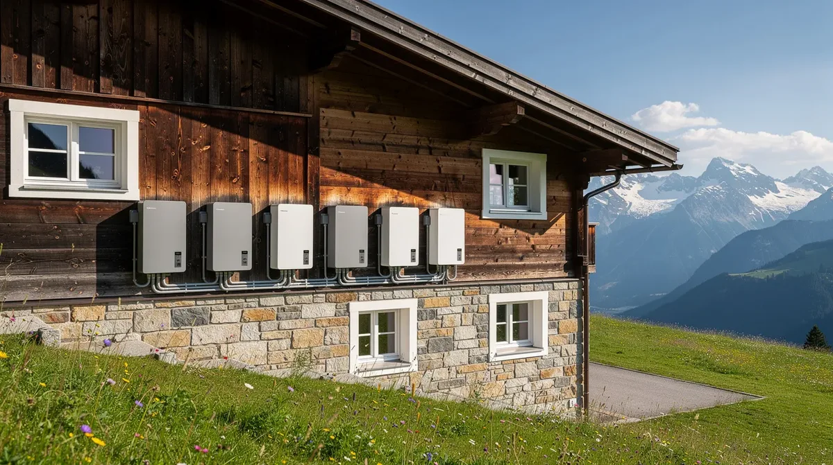 L'image montre l'installation de batteries résidentielles Enphase IQ Battery 5P sur le mur extérieur d'un chalet suisse, avec des montagnes majestueuses en arrière-plan. Ces batteries, utilisant la technologie lithium fer phosphate, sont conçues pour le stockage d'énergie et garantissent une autonomie fiable pour les besoins en électricité.
