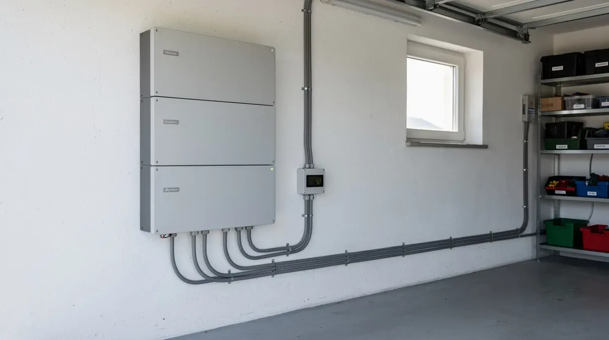L'image montre une batterie solaire résidentielle modulaire installée sur un mur dans un garage en Suisse, avec des câbles visibles, illustrant ainsi une solution de stockage d'énergie pour maximiser l'autoconsommation grâce à l'énergie solaire. Cette installation met en avant la capacité de stockage et l'intégration des technologies modernes dans les maisons suisses.