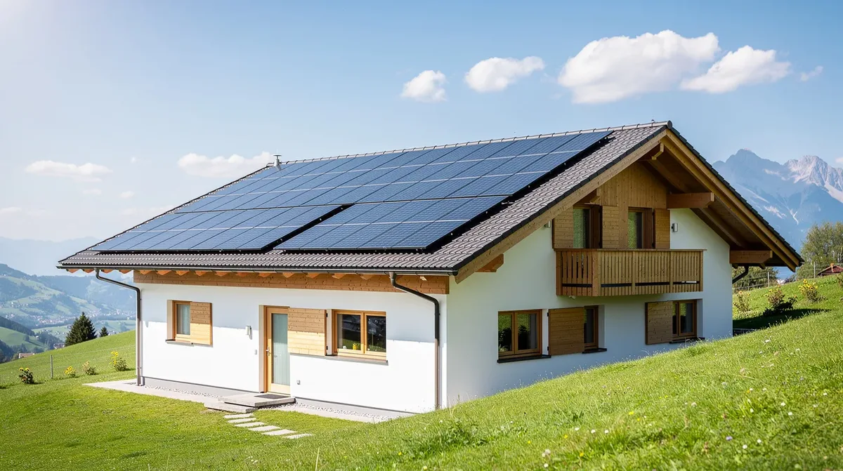 Une maison individuelle suisse est visible, dotée de panneaux solaires sur le toit, sous un ciel ensoleillé. Cette installation d'énergie solaire témoigne des efforts pour l'autonomie énergétique et la réduction des coûts d'électricité.