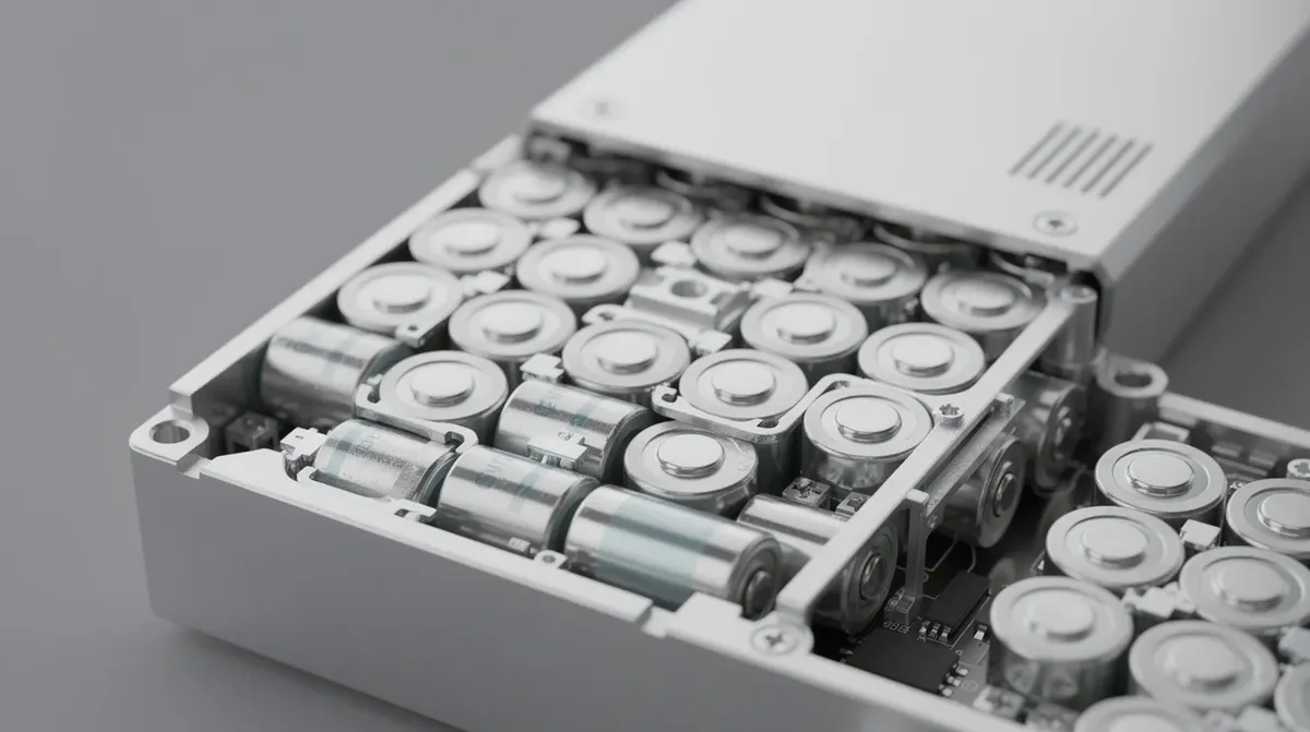 Gros plan sur des cellules de batterie lithium-ion soigneusement alignées à l'intérieur d'un boîtier métallique ouvert, illustrant la technologie de stockage d'énergie utilisée dans les systèmes d'énergie solaire. Cette image met en avant les composants essentiels d'une batterie solaire, soulignant leur importance pour l'autonomie énergétique des maisons en Suisse.