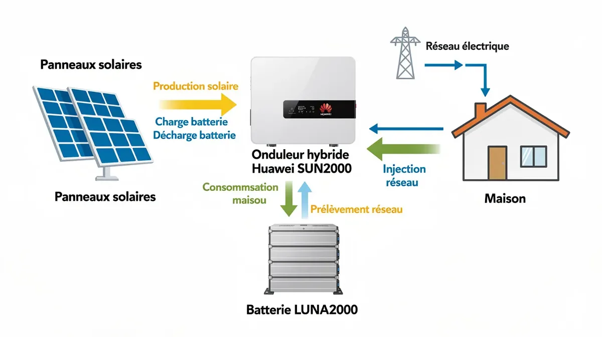 Schéma illustrant le flux d'énergie entre des panneaux solaires, un onduleur hybride Huawei SUN2000 et une batterie LUNA2000, qui alimente une maison résidentielle. Ce diagramme met en avant les performances de l'énergiespeichersystem et la technologie de stockage d'énergie lithium eisenphosphat.
