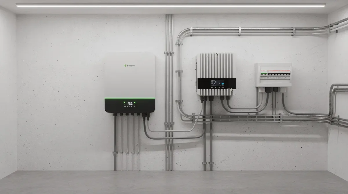 L'image montre un local technique résidentiel équipé d'une batterie murale et d'un onduleur hybride, tous deux raccordés pour optimiser le stockage d'énergie solaire. Ce système permet aux propriétaires de bénéficier d'une autonomie énergétique grâce à l'installation d'une batterie de stockage, favorisant ainsi l'autoconsommation et les économies d'électricité.