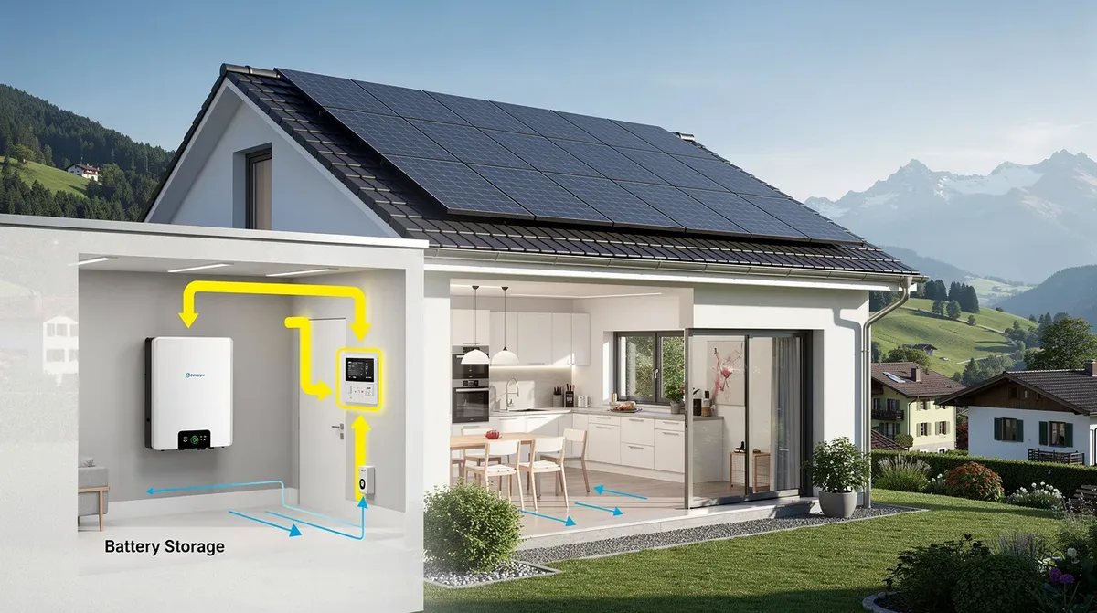 Cette illustration réaliste montre une maison moderne dans la région de la Suisse Romande, équipée de panneaux photovoltaïques sur le toit et d'un système de batterie de stockage à proximité. Des éléments graphiques illustrent le flux d'énergie entre les panneaux solaires, la batterie et la maison, mettant en avant l'autonomie énergétique et la gestion de l'énergie renouvelable.