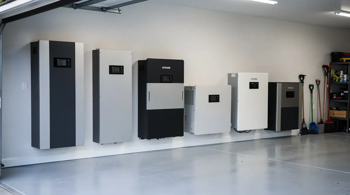 L'image montre différents modèles de batteries résidentielles de tailles variées, soigneusement disposées dans un garage propre et bien éclairé. Ces batteries, qui incluent des options comme les batteries lithium-ion et lithium fer phosphate, sont conçues pour le stockage d'énergie solaire, offrant une solution efficace pour l'autoconsommation dans les maisons.