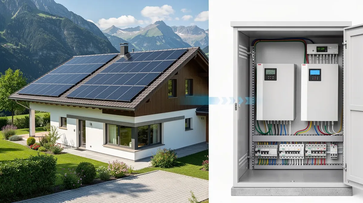Une maison individuelle suisse est dotée de panneaux solaires sur le toit, tandis qu'un système de batterie de stockage, probablement une batterie lithium, est visible dans un local adjacent, offrant une solution d'autoconsommation pour l'énergie solaire. Cette installation permet d'optimiser la capacité de stockage et d'assurer une autonomie énergétique.