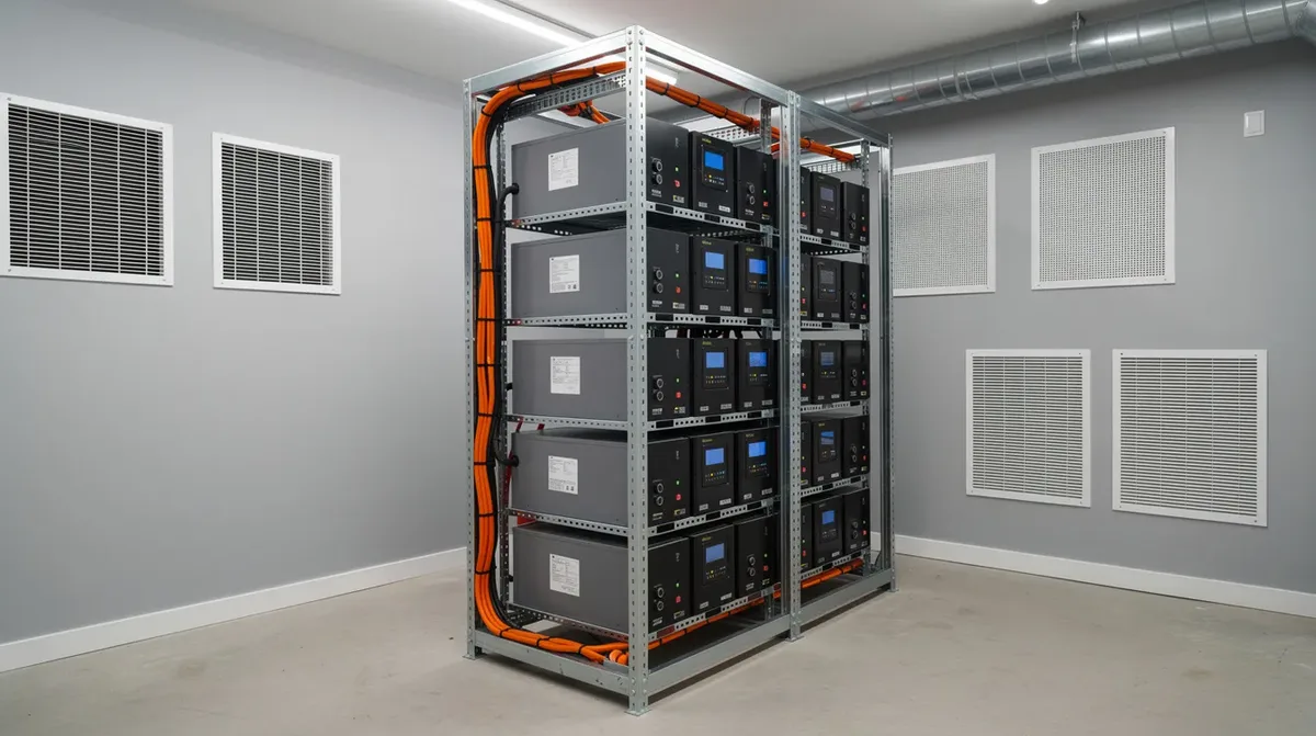 Des modules de stockage d'énergie de marque Pylontech, incluant des batteries lithium fer phosphate, sont empilés dans un rack métallique dans un local technique résidentiel bien ventilé, assurant une bonne circulation d'air pour optimiser leur performance et leur durée de vie. Ces systèmes de stockage d'énergie, tels que les modèles US2000C et US5000, sont conçus pour une utilisation domestique efficace.
