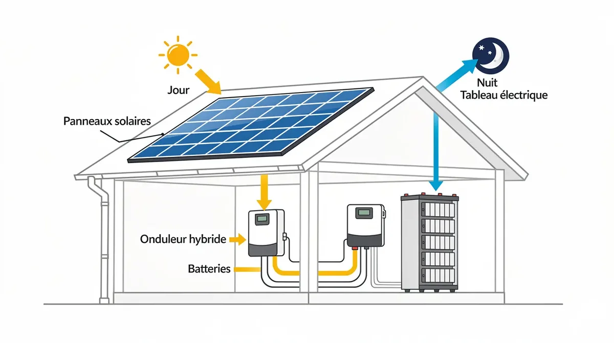Schéma illustrant des panneaux solaires installés sur un toit, reliés à un onduleur hybride et à un système de batteries Pylontech dans un garage, avec des flèches indiquant le flux d'énergie pendant la journée et la nuit. Ce diagramme met en avant l'importance de l'énergie renouvelable et des solutions de stockage comme les batteries lithium-ion.