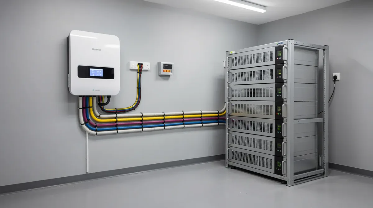 L'image montre un onduleur hybride mural connecté par des câbles à un rack de batteries Pylontech, installé dans un local technique résidentiel propre et bien organisé. Les batteries, de type lithium ionen, sont disposées de manière ordonnée, illustrant une solution efficace pour l'énergie et le stockage d'énergie.