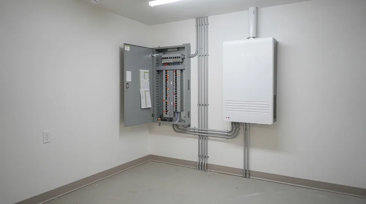 L'image montre un local technique résidentiel où une sonnenBatterie blanche est installée à côté d'un tableau électrique, illustrant un système de stockage d'énergie pour optimiser l'utilisation de la énergie solaire dans un foyer. Ce dispositif permet de gérer le stromverbrauch et d'assurer une indépendance énergétique.