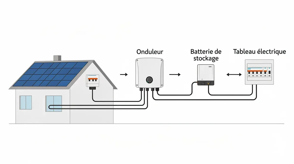 Schéma illustrant une maison avec des panneaux solaires sur le toit, connectés par des câbles à un onduleur, puis à une batterie de stockage murale, la sonnenBatterie, et enfin au tableau électrique domestique, représentant une solution efficace pour la gestion de l'énergie solaire. Ce système montre comment la production d'énergie photovoltaïque peut alimenter un foyer tout en stockant l'excès d'énergie pour une utilisation ultérieure.