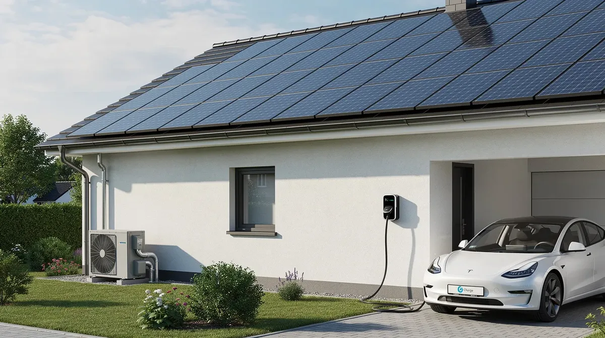 Une maison individuelle avec des panneaux solaires sur le toit, équipée d'une borne de recharge pour voiture électrique dans l'allée et d'une pompe à chaleur sur le côté. Cette installation utilise l'énergie solaire pour optimiser la consommation électrique grâce à des solutions comme la sonnenBatterie.