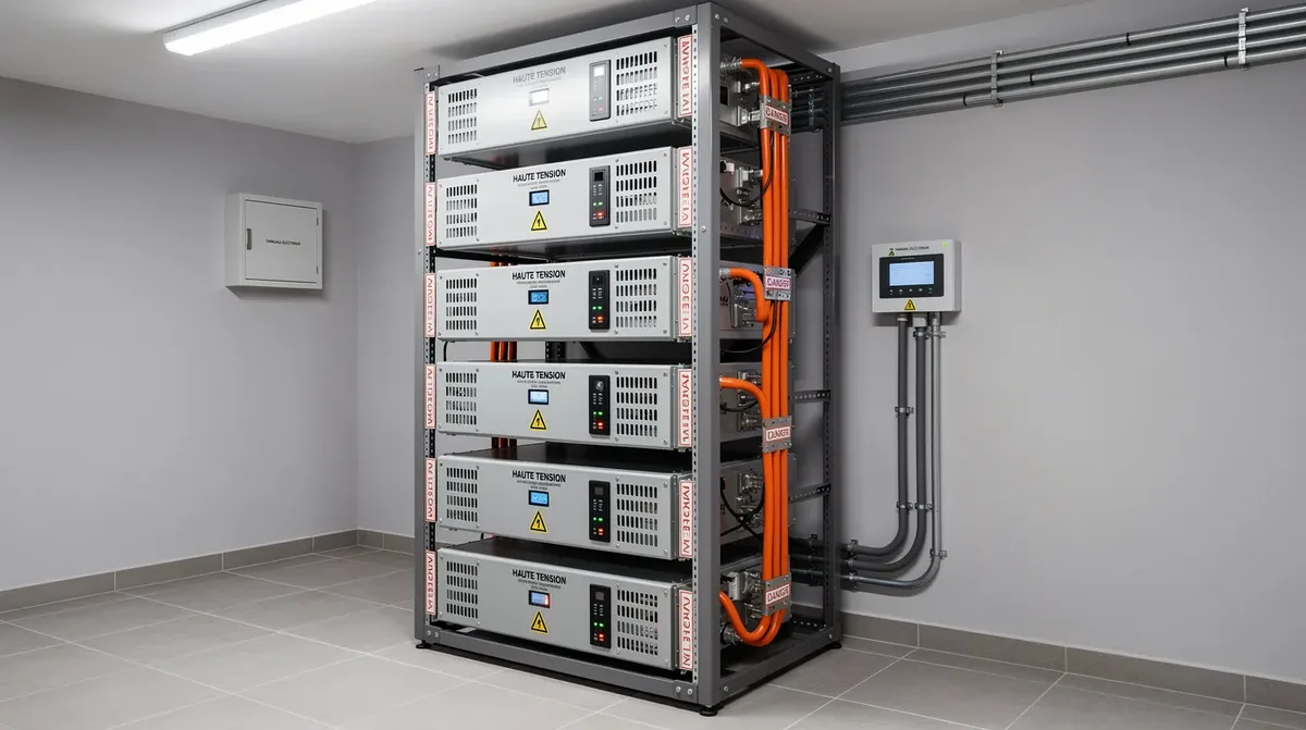 Des modules de batterie haute tension, de marque Sungrow, sont empilés verticalement dans un rack, installés dans un local technique résidentiel. Ces batteries font partie d'un système de stockage d'énergie, offrant une capacité optimale pour les installations solaires.