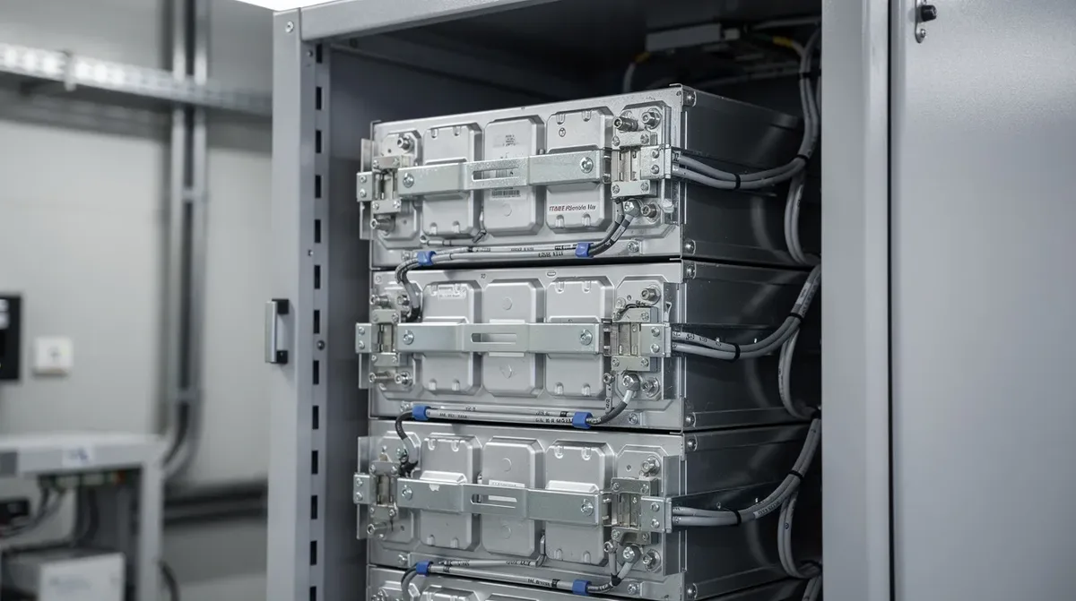 Cette image montre une vue rapprochée de modules de batterie lithium empilés verticalement dans un cadre métallique, éclairés par une lumière neutre dans un local technique. Les modules, probablement destinés à un système de stockage d'énergie, mettent en avant la capacité de la batterie et leur utilisation dans des installations de solaranlagen.