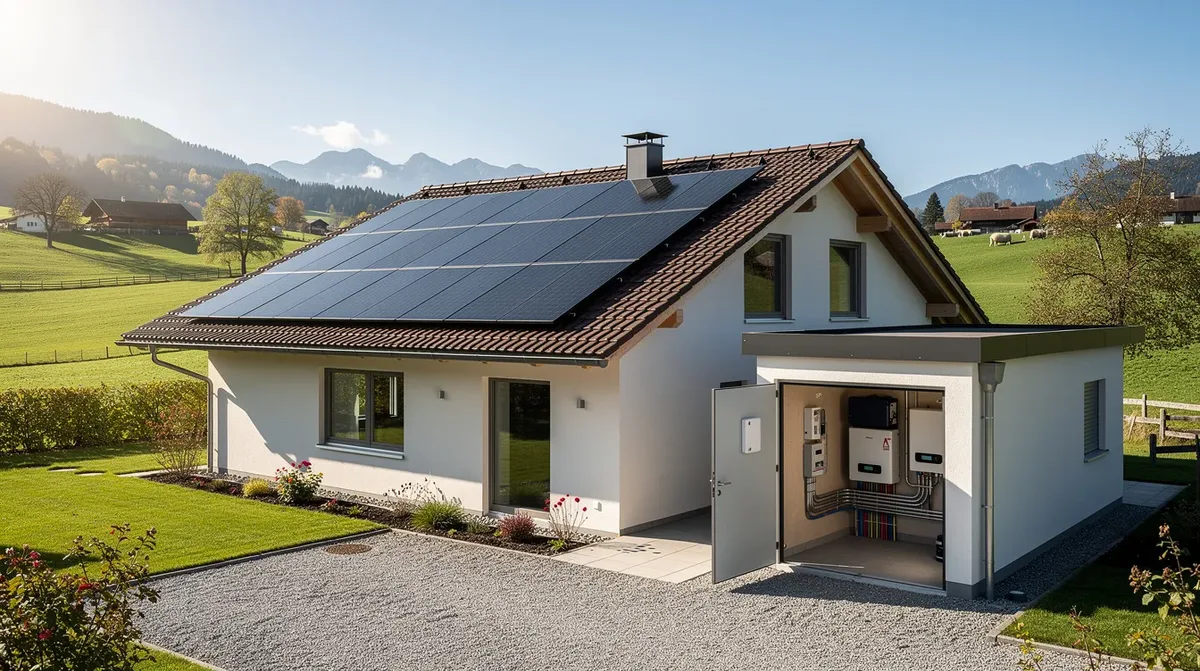 Une maison résidentielle suisse se dresse sous un ciel ensoleillé, équipée de panneaux solaires sur le toit. À côté, un local technique est visible, probablement destiné à un système de stockage d'énergie, tel qu'un batteriespeicher, pour optimiser la performance des solaranlagen dans ce paysage de campagne verdoyant.