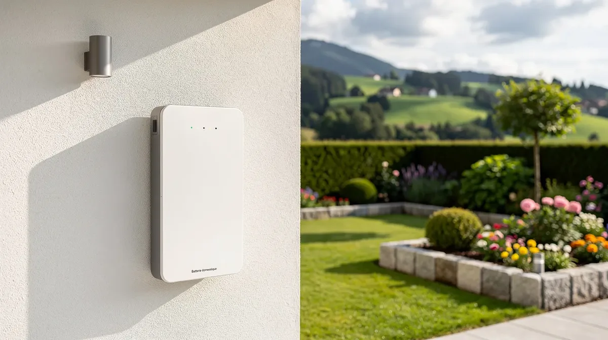 Une batterie résidentielle moderne, comme la Tesla Powerwall 3, est installée sur un mur extérieur d'une maison individuelle, avec un jardin suisse verdoyant en arrière-plan. Cette installation permet de stocker l'énergie solaire pour une utilisation domestique efficace.