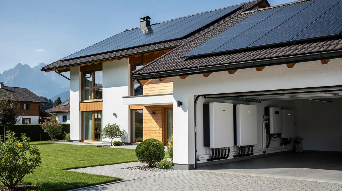 Cette image montre une maison individuelle suisse avec des panneaux solaires installés sur le toit, et à l'intérieur du garage, un système de batterie Tesla Powerwall, qui sert de stockage d'énergie pour le foyer. L'ensemble illustre une solution moderne et écologique pour la gestion de l'énergie solaire.