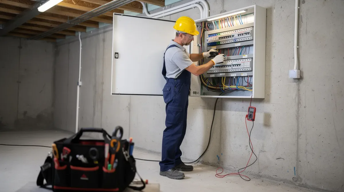 Un technicien électricien est en train de travailler sur un tableau électrique moderne dans le sous-sol d'une maison, avec une attention particulière portée à l'installation de la Tesla Powerwall 3, un système de stockage d'énergie. On peut voir des câbles et des outils autour de lui, illustrant l'importance de l'intégration des énergies renouvelables dans les foyers.