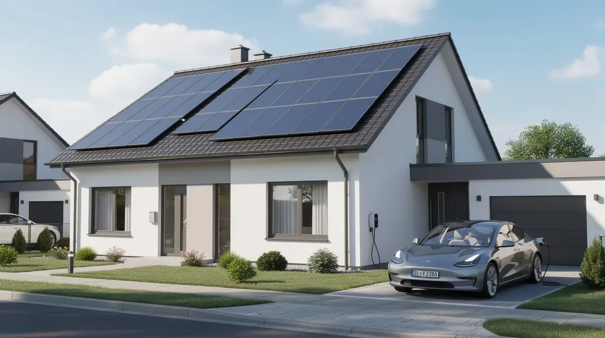 Une maison individuelle est visible, avec un véhicule électrique branché dans l'allée et des panneaux solaires installés sur le toit, illustrant l'utilisation de l'énergie solaire et des technologies modernes comme la Tesla Powerwall pour le stockage d'énergie.