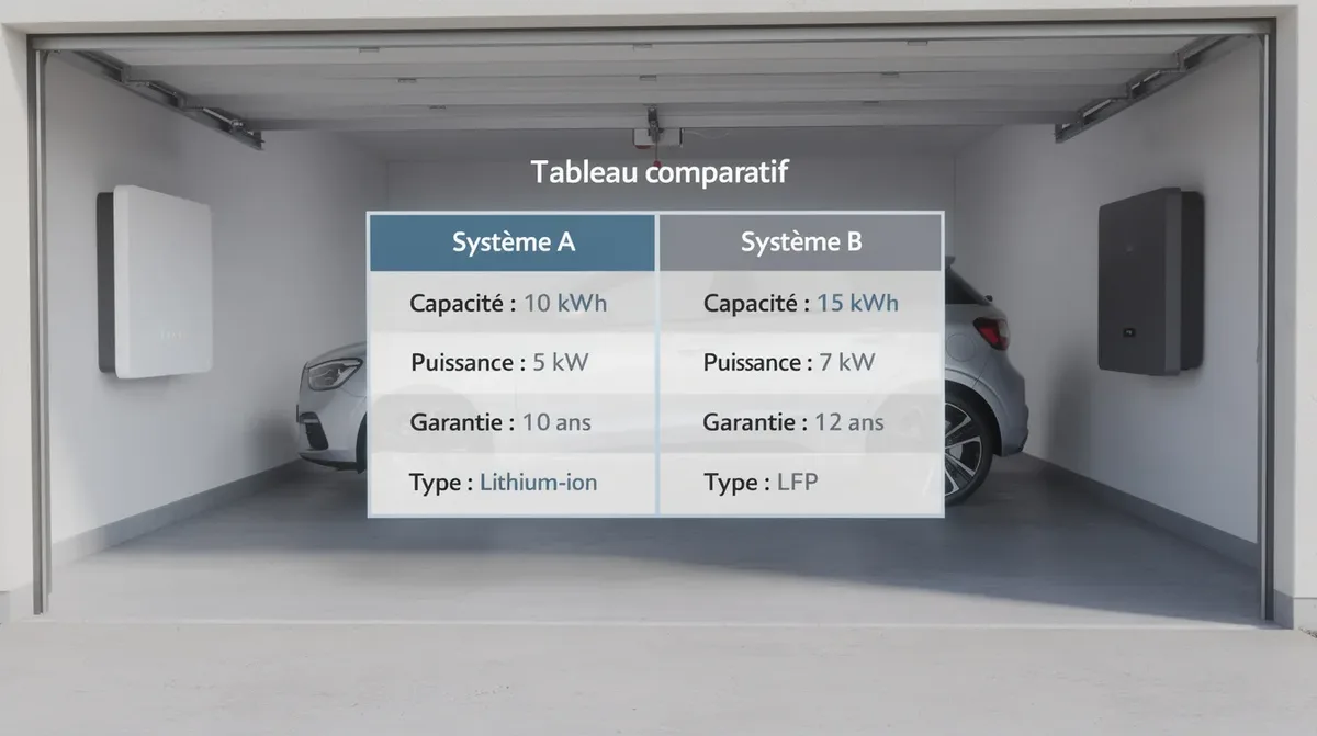 L'image présente un tableau comparatif côte à côte des systèmes de batteries domestiques, mettant en évidence le Tesla Powerwall 3 et la BYD Battery Box dans un garage résidentiel. Ce tableau illustre les différences en termes d'efficacité de cycle, de capacité de stockage et de durée de garantie, offrant ainsi un aperçu utile pour les propriétaires souhaitant optimiser leur consommation d'énergie solaire.