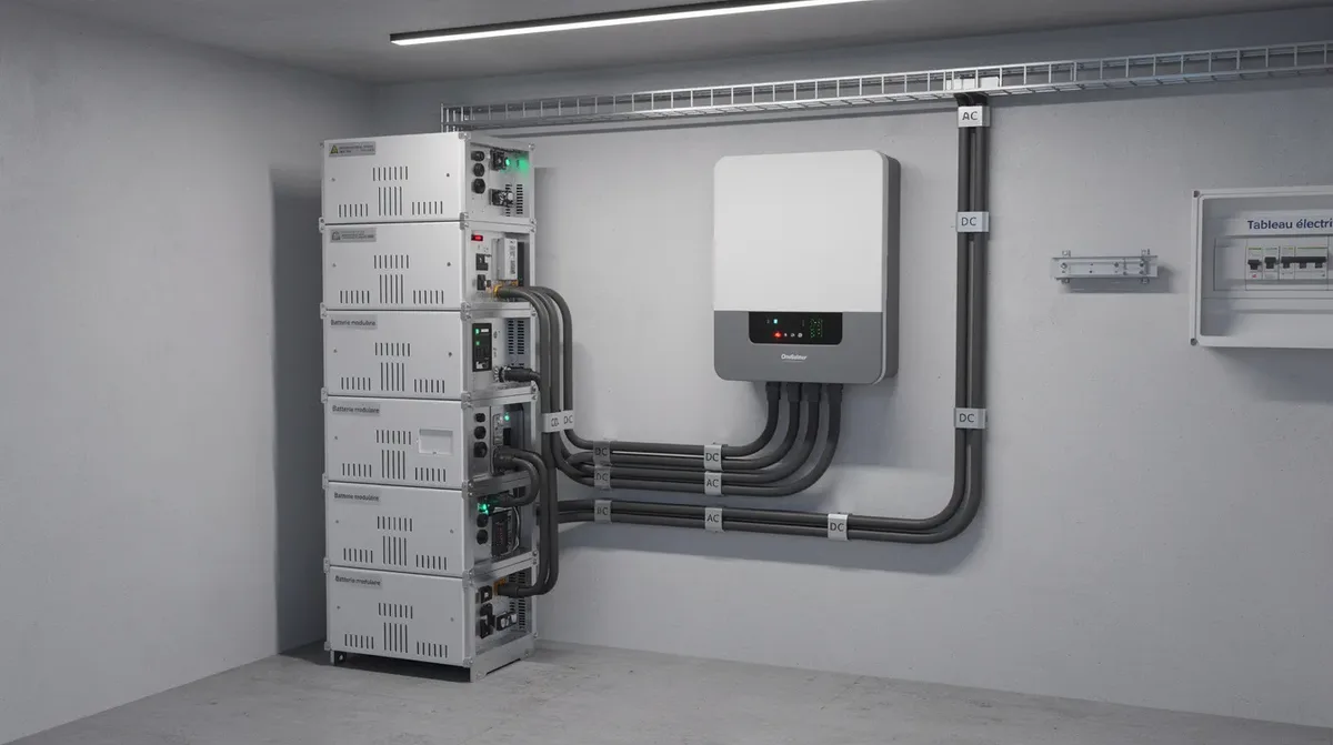 L'image montre l'installation d'une batterie modulaire, comme la Tesla Powerwall ou la BYD Battery Box, à côté d'un onduleur dans un local technique résidentiel. Cette configuration est conçue pour optimiser le stockage d'énergie et répondre aux besoins énergétiques des propriétaires, tout en intégrant des systèmes solaires.