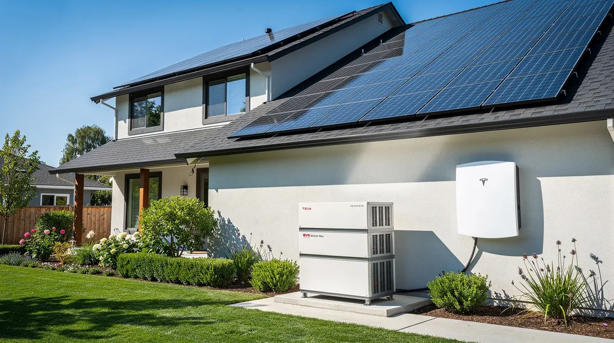 Une maison moderne en banlieue avec des panneaux solaires sur le toit, mettant en avant deux systèmes de batteries résidentiels côte à côte : un élégant Tesla Powerwall fixé sur un mur extérieur et un système modulaire BYD Battery-Box à proximité. L'ensemble est baigné de lumière, soulignant l'utilisation d'énergie durable dans un environnement confortable.